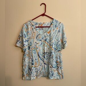 Chico's Paisley V-Neck Short Sleeve Top - Light Blue, Navy & Orange L